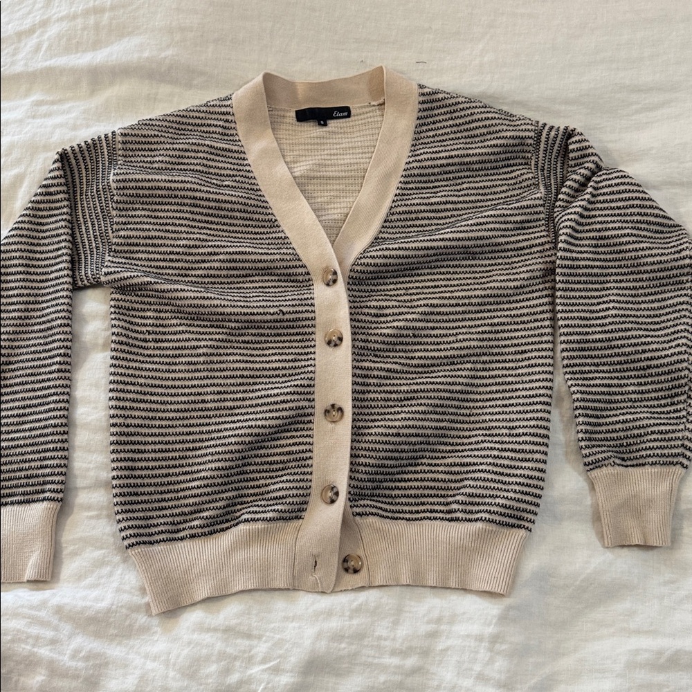 Cute cream Etam cardigan with black birdseye overstitch, women S